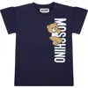 Moschino Blue Dress For Baby Girl With Teddy Bear And Logo In Blue