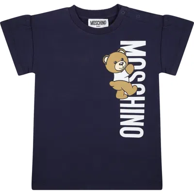Moschino Blue Dress For Baby Girl With Teddy Bear And Logo