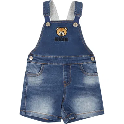 Moschino Blue Dungarees For Babykids With Teddy Bear And Logo In Denim
