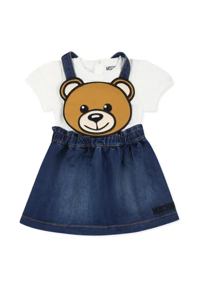 Moschino Blue Dungarees Set For Baby Girl With Teddy Bear In Ivory