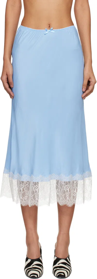 Moschino Silk Twill Midi Skirt With Lace Insert And Flared Silhouette In Blue