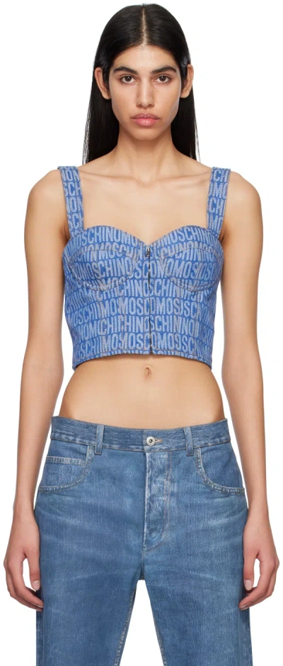 Moschino Denim Jacquard Logo Corset Top In Fantasy Print Blue A