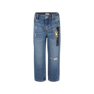 Moschino Kids' Blue Jeans For Boy With Teddy Bear In Denim