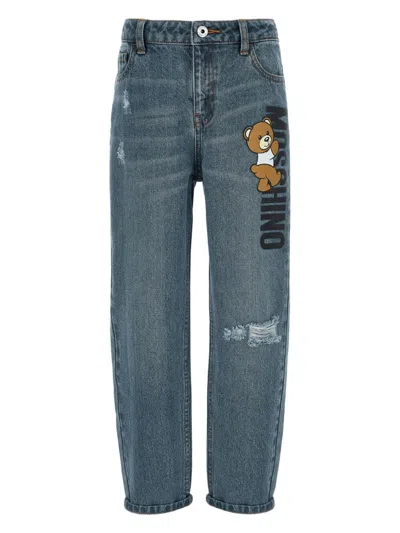 Moschino Kids' Teddy Bear-print Straight-leg Jeans In Blue