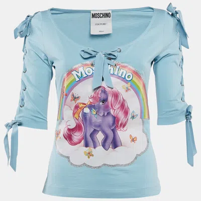 Pre-owned Moschino Blue Little Pony Print Jersey Lace-up Top S