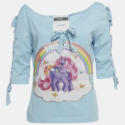 Pre-owned Moschino Blue Pony Print Cotton Knit Lace-up Detail Top L