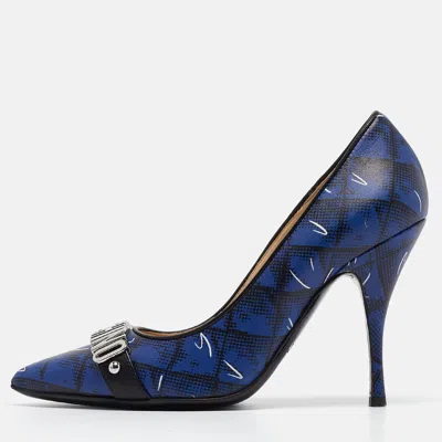 Pre-owned Moschino Blue Printed Leather Logo Buckle Pointed Toe Pumps Size 36