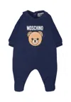 Moschino Blue Romper For Baby Boy With Teddy Bear And Logo In Blue