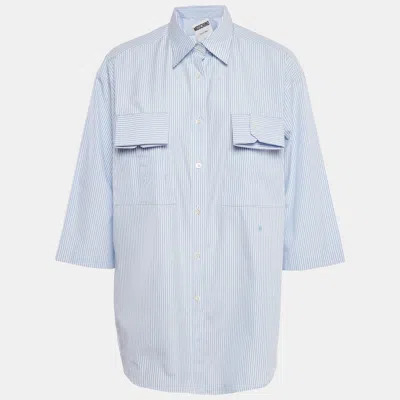 Pre-owned Moschino Blue Striped Cotton Cuffed Pocket Shirt S In White