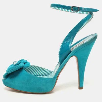 Moschino Blue Suede Flower Applique Ankle Strap Pumps