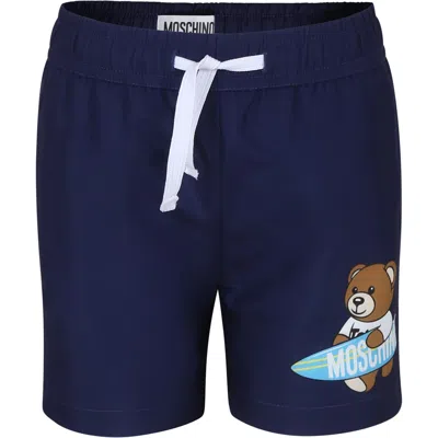 Moschino Kids' Blue Swimshorts For Boy With Teddy Bear And Logo