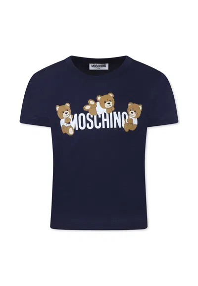 Moschino Kids' Blue T-shirt For Boy With Three Teddy Bears