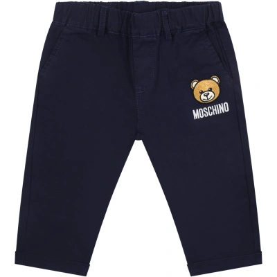 Moschino Kids' Blue Trousers For Baby Boy With Teddy Bear And Logo