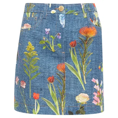 Moschino Boutique Blue Floral Print Cotton Denim Mini Skirt