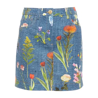 Pre-owned Moschino Boutique Blue Floral Print Cotton Denim Mini Skirt It38 Xs