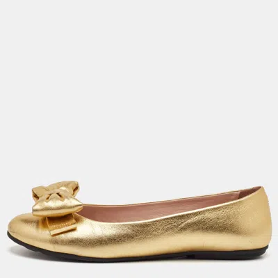 Pre-owned Moschino Bow Size 37 Gold Metallic Leather Ballet Flats