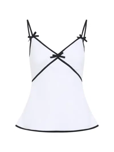 Moschino Crepe Top Sheer V Neckline Bow Trim In White