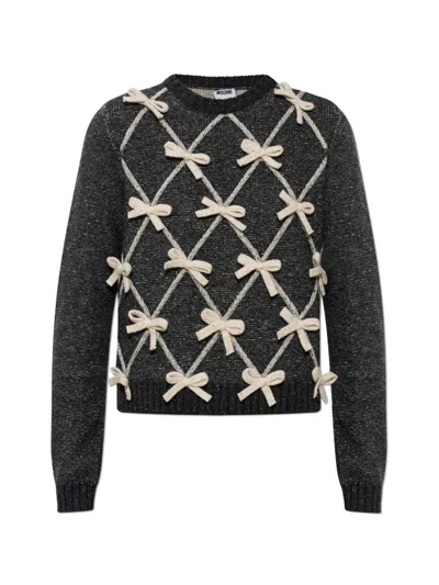 Moschino Bow-embellished Diamond-knit Sweater In Black