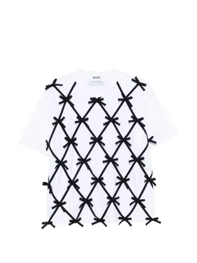 Moschino Bow-embellished Lattice-overlay T-shirt In White