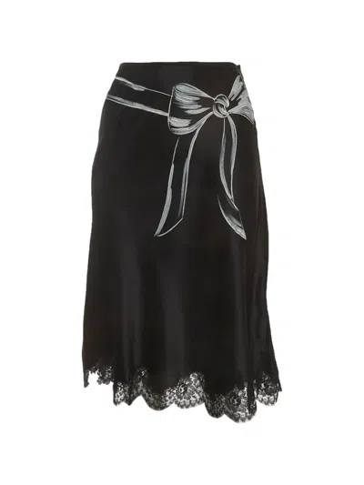 Pre-owned Moschino Bow-print Lace-trim Skirt In Black