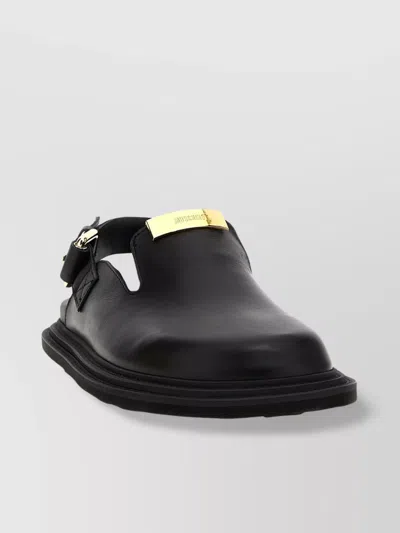 Moschino Brand Logo Flat Sandals With Gold Hardware