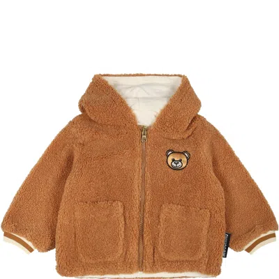 Moschino Brown Coat For Babykids With Teddy Bear In Beige