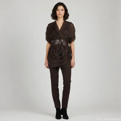 Pre-owned Moschino Brown Cotton And Silk Pants And Ruffled Belted Cardigan Set M