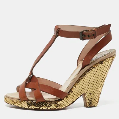 Pre-owned Moschino Brown Leather Sequin Embellished Ankle Strap Sandals Size 37