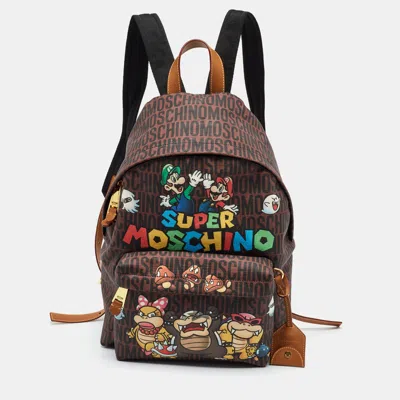 Pre-owned Moschino Brown Logo Print Coated Canvas And Leather Backpack