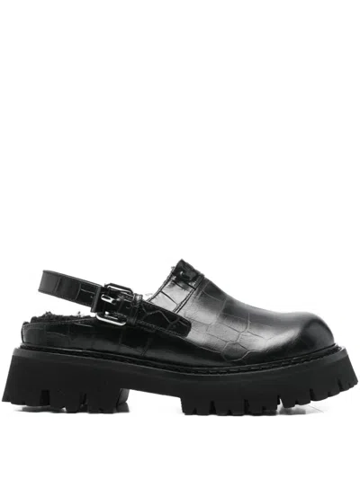 MOSCHINO BUCKLE EMBOSSED LEATHER MULES