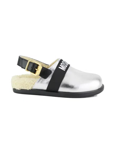 Moschino Kids' Buckle-strap Metallic Leather Mules In Silver