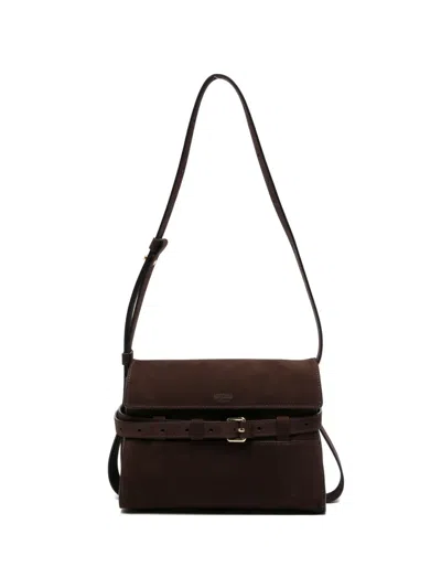 Moschino Buckle Suede Cross Body Bag In Brown