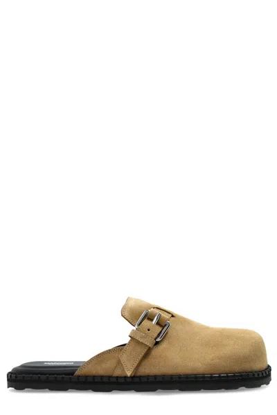 Moschino Buckle Suede Flat Mules In Beige