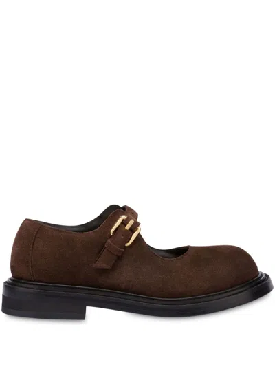 Moschino Buckled Suede Loafers In Brown