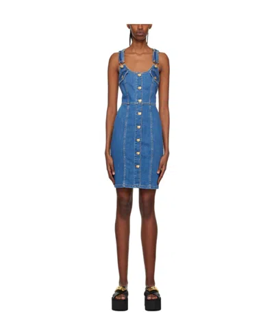 Moschino Button Denim Mini Dress In Blue