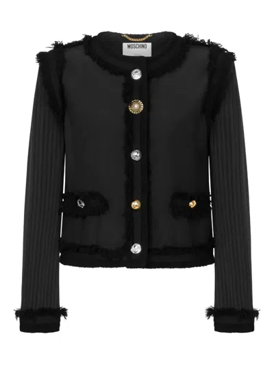Moschino Stretch Boucle Jacket Buttons Fringe Pockets In Black