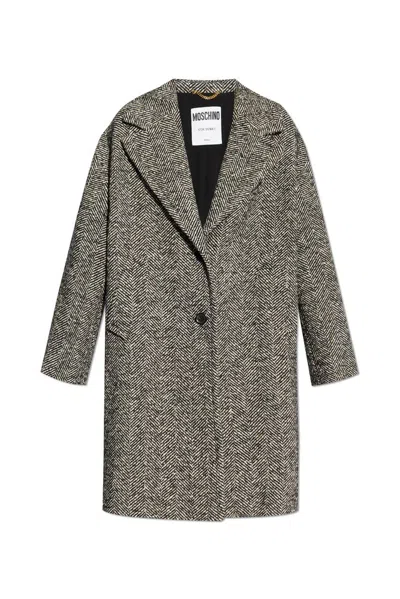 Moschino Single-breasted Herringbone Coat In Black