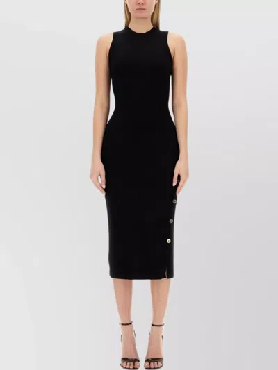 Moschino Buttoned Crew Neck Ribbed Sleeveless Dress In Black