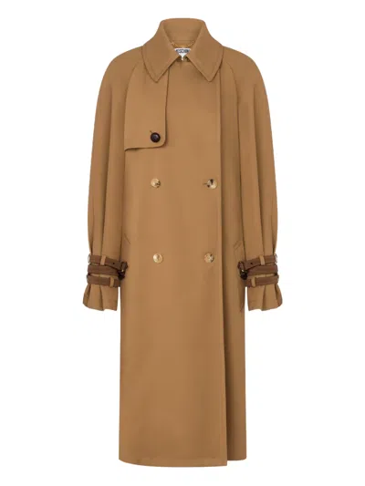 Moschino Buttoned-cuff Double-breasted Coat In Brown