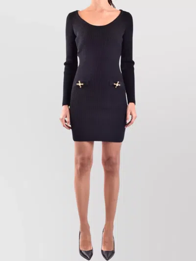 Moschino Buttoned Ribbed Silhouette Scoop Neck Dress In Black