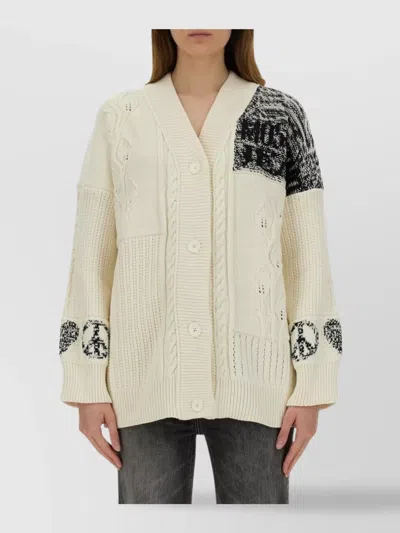 Moschino Cable Knit Longline Oversize Patchwork Cardigan In White