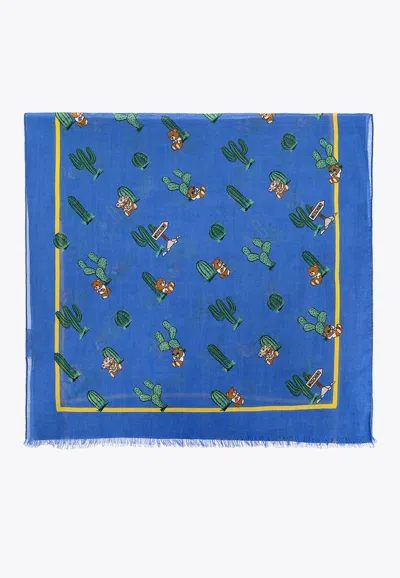 Moschino Cactus Print Rectangular Scarf In Blue