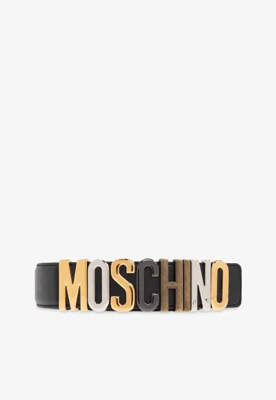 Moschino Calf Mixed Lettering Logo Belt In Black
