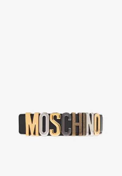 Moschino Calf Mixed Lettering Logo Belt In 黑色