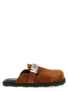 Moschino Suede Open Toe Flat Sole Slides In Brown