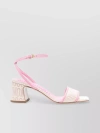 MOSCHINO CANVAS AND CALF LEATHER BLOCK HEEL SANDALS
