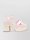 MOSCHINO CANVAS BLOCK HEEL SANDALS WITH CROSSOVER STRAP