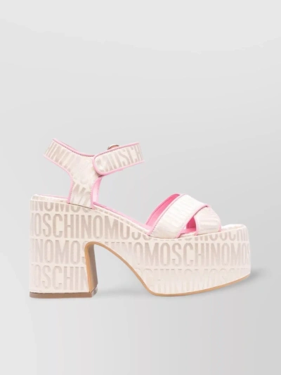 Moschino Canvas Block Heel Sandals With Crossover Strap In Cream