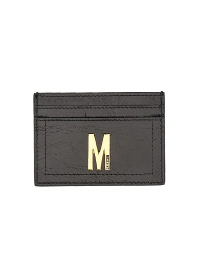 Moschino Card Holder With Gold Plaque In Black
