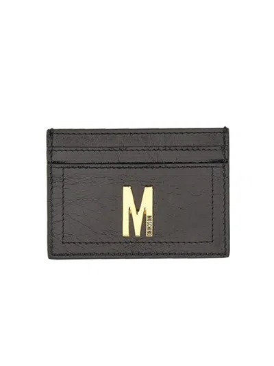Moschino Card Holder With Gold Plaque In Gray